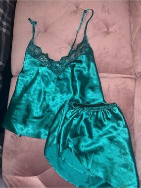 Silky Teal Lace Trim Cami & Shorts Sleep Set - Women Intimates